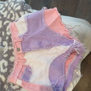 SHEIN Pink and Purple Frayed Denim Shorts